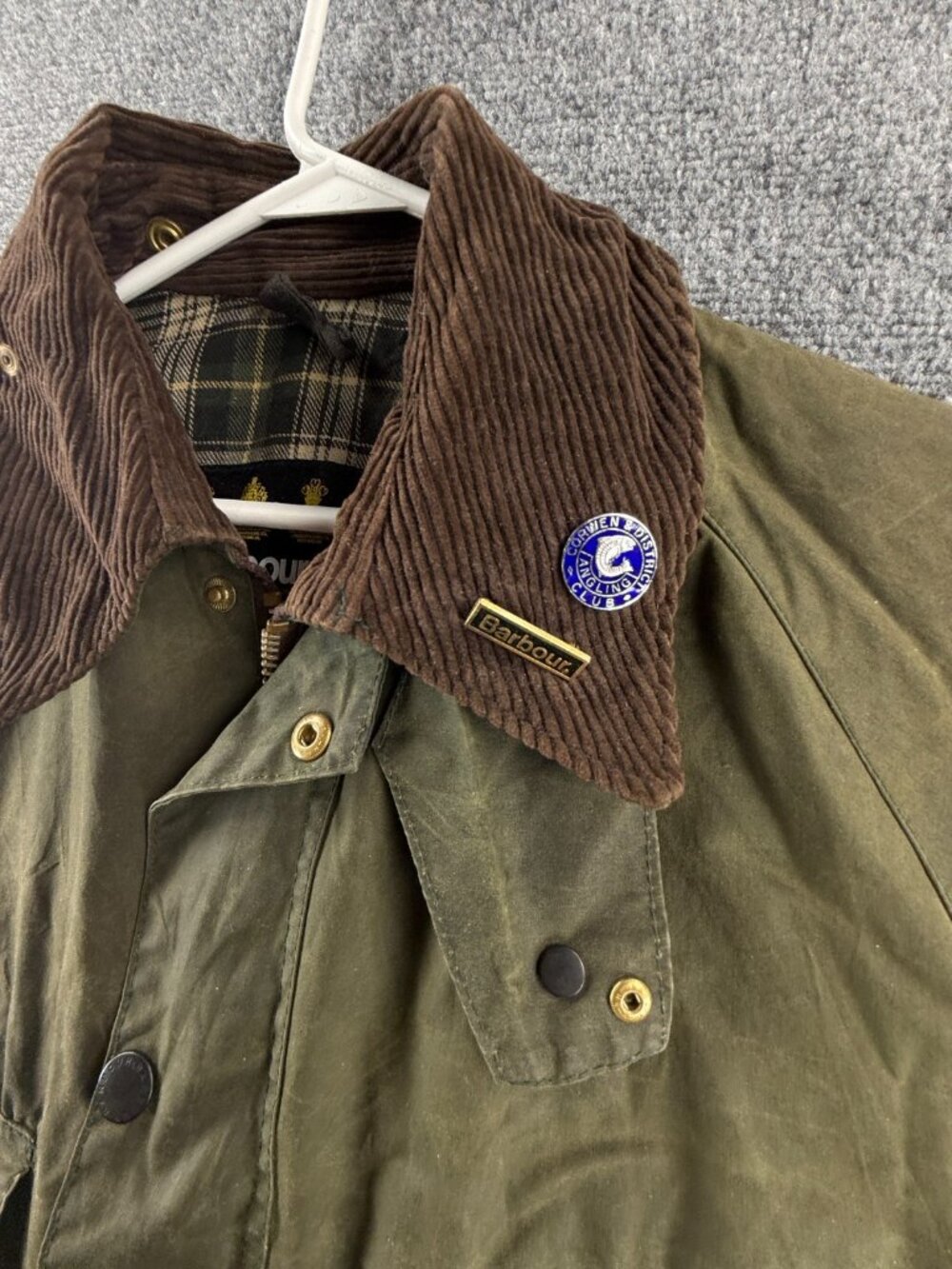 VTG Barbour Spey A130 Waxed Jacket Green Men Fishing Wasting Angler Pin Short - Picture 12 of 16